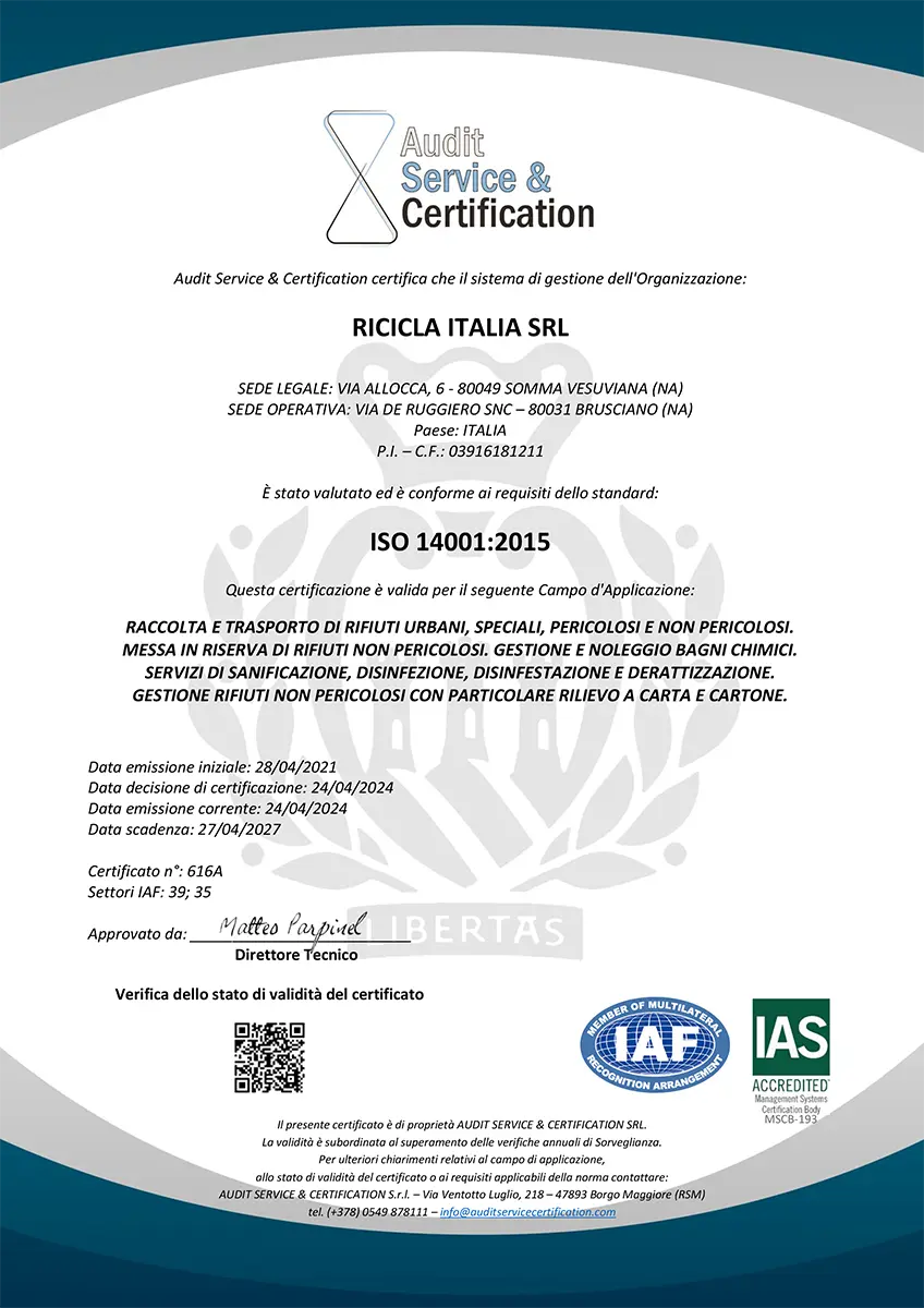 Certificato 14001:2015 rilasciato all'azienda Ricicla Italia Srl
