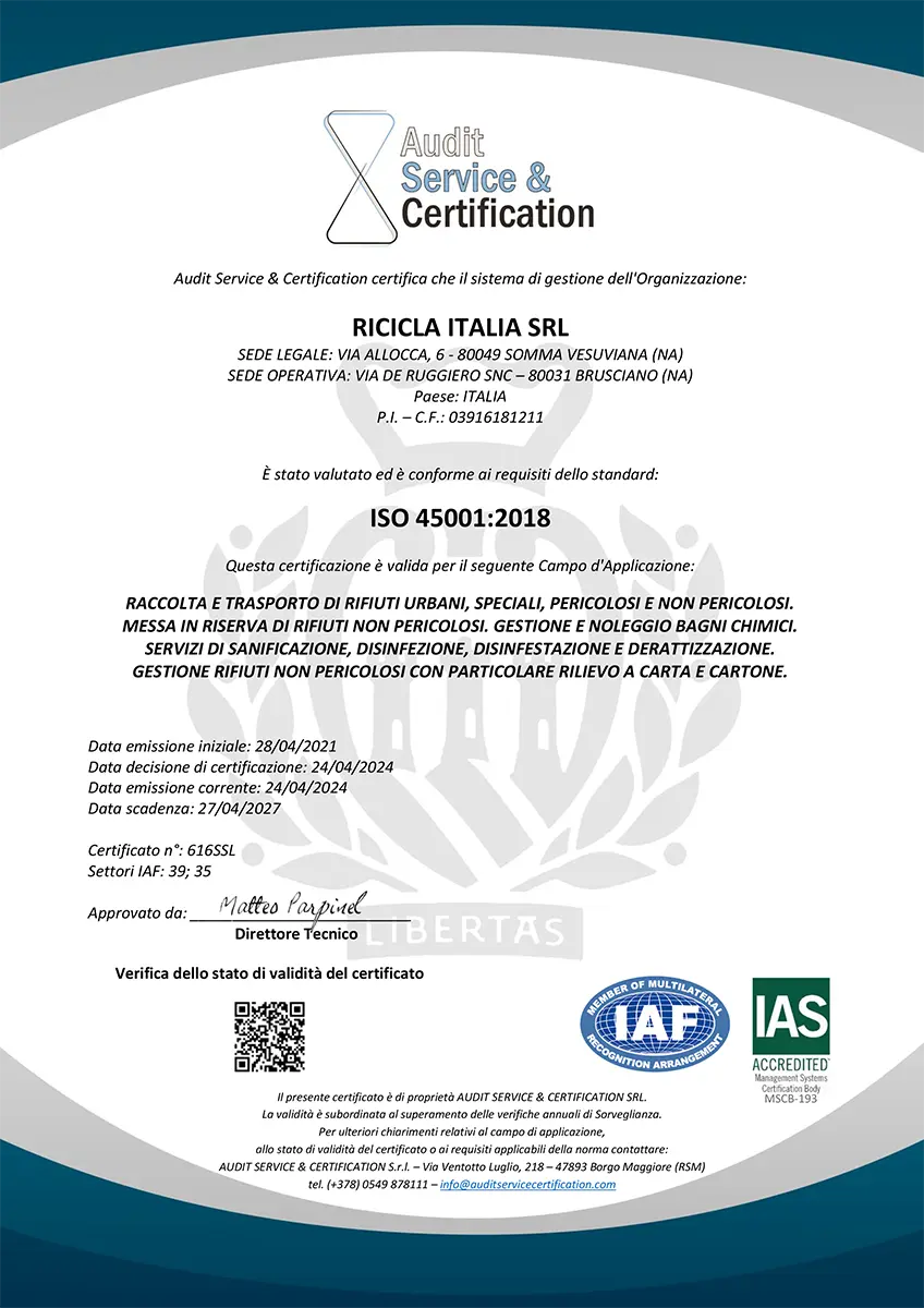 Certificato 45001:2015 rilasciato all'azienda Ricicla Italia Srl